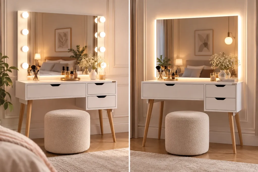 آینه هالیوودی با حباب مجزا یا نوار LED پشت‌قاب؛ کدام بهتر است؟