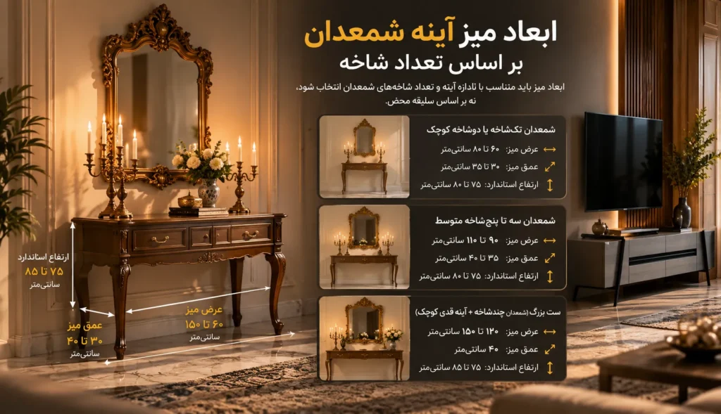 ابعاد میز آینه شمعدان بر اساس تعداد شاخه