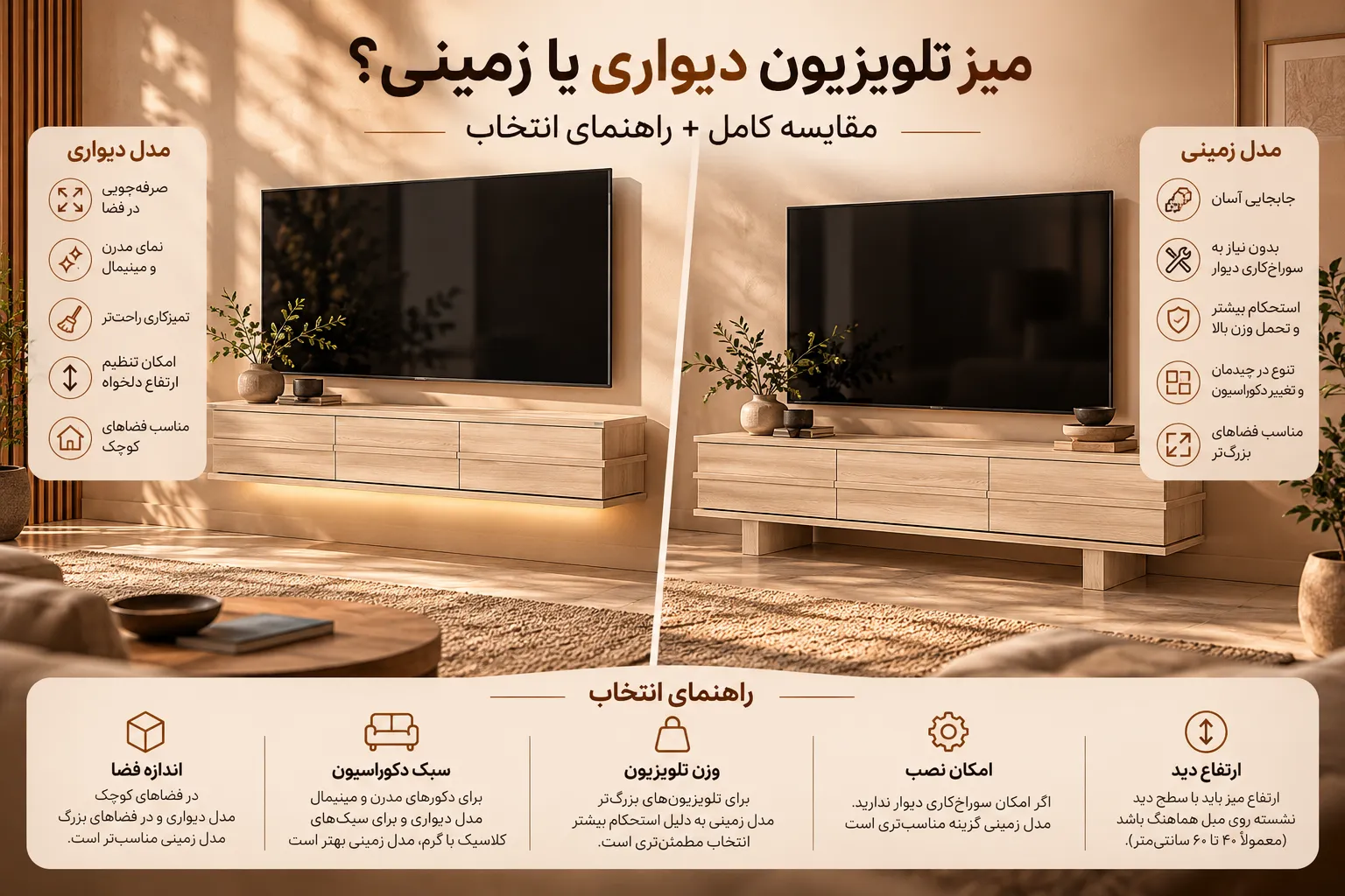 میز تلویزیون دیواری یا زمینی مقایسه کامل + راهنمای انتخاب