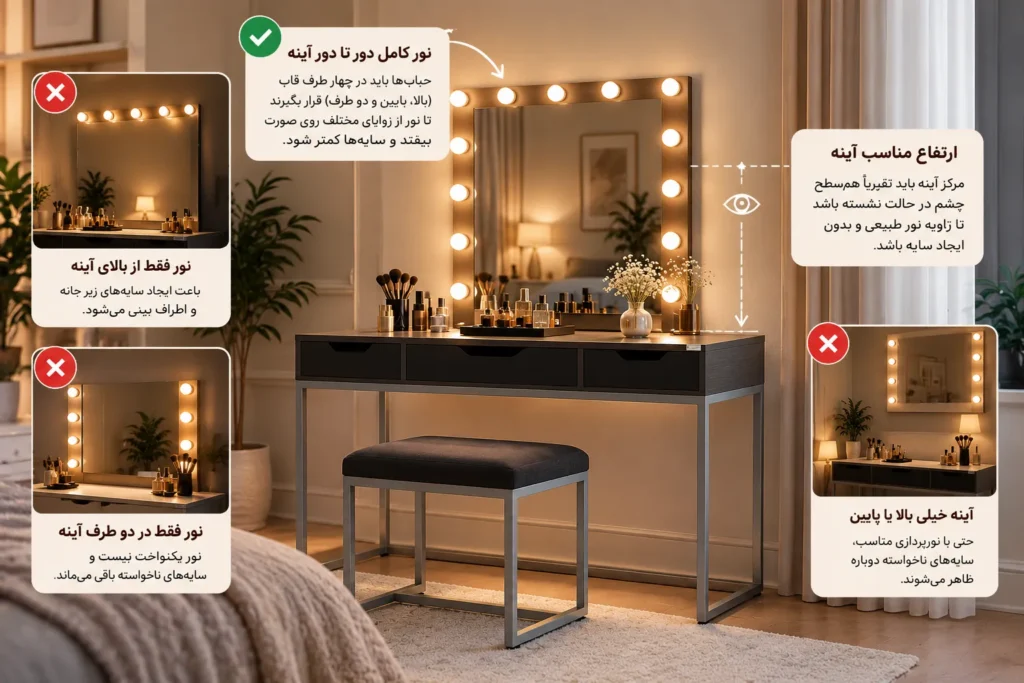 چیدمان میز؛ نور فقط دور آینه کافی است؟